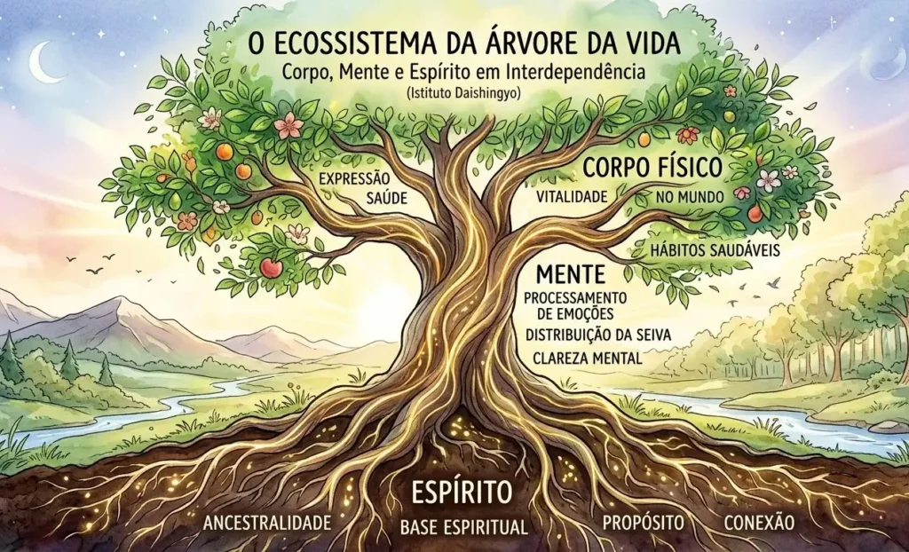 Ilustração da Árvore da Vida do Instituto Daishingyo representando a interdependência da saúde integral. As raízes luminosas na terra simbolizam o Espírito (ancestralidade, conexão e propósito). O tronco robusto representa a Mente (clareza mental e processamento de emoções). A copa com folhas, flores e frutos ilustra o Corpo Físico (vitalidade, saúde e expressão no mundo).