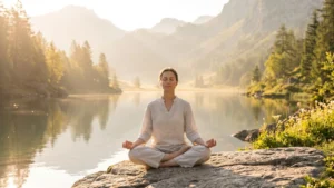 Mulher meditando ao ar livre simbolizando a busca pela saúde integrativa e equilíbrio emocional.