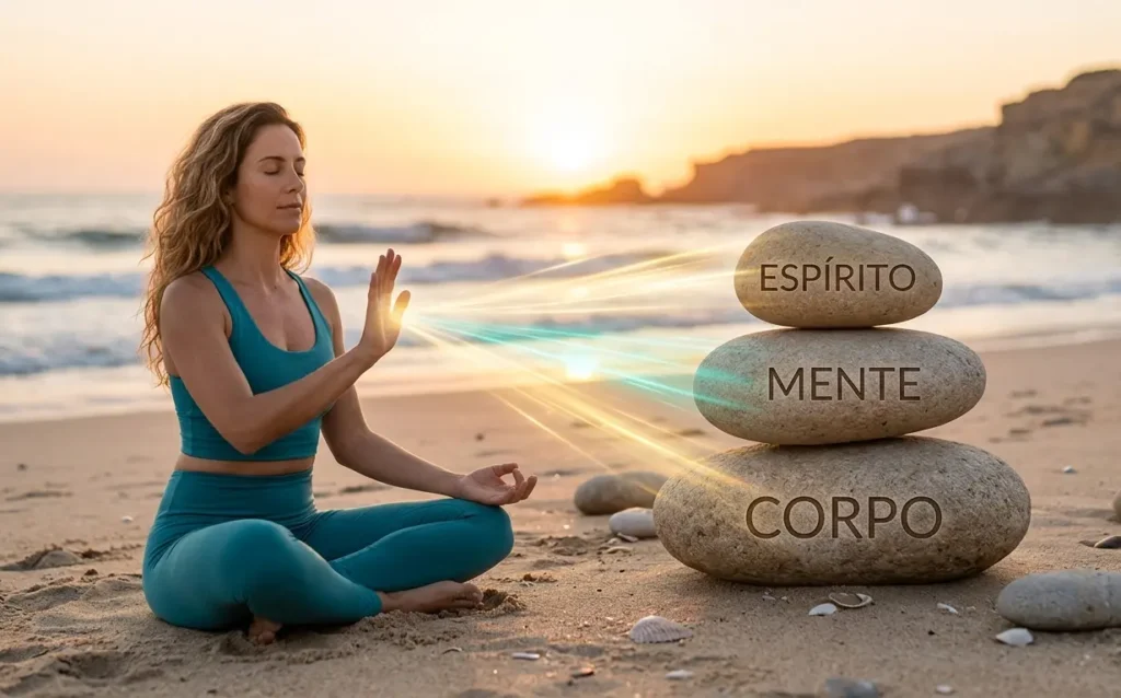 Representação do tripé do equilíbrio: harmonia entre corpo, mente e espírito para saúde integral.