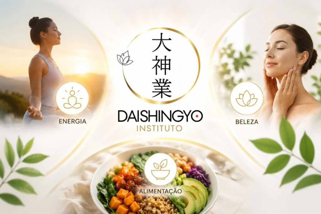 Infográfico do Instituto Daishingyo destacando os três pilares do bem-estar: Energia (meditação), Beleza (cuidados com a pele) e Alimentação saudável (prato com salada)