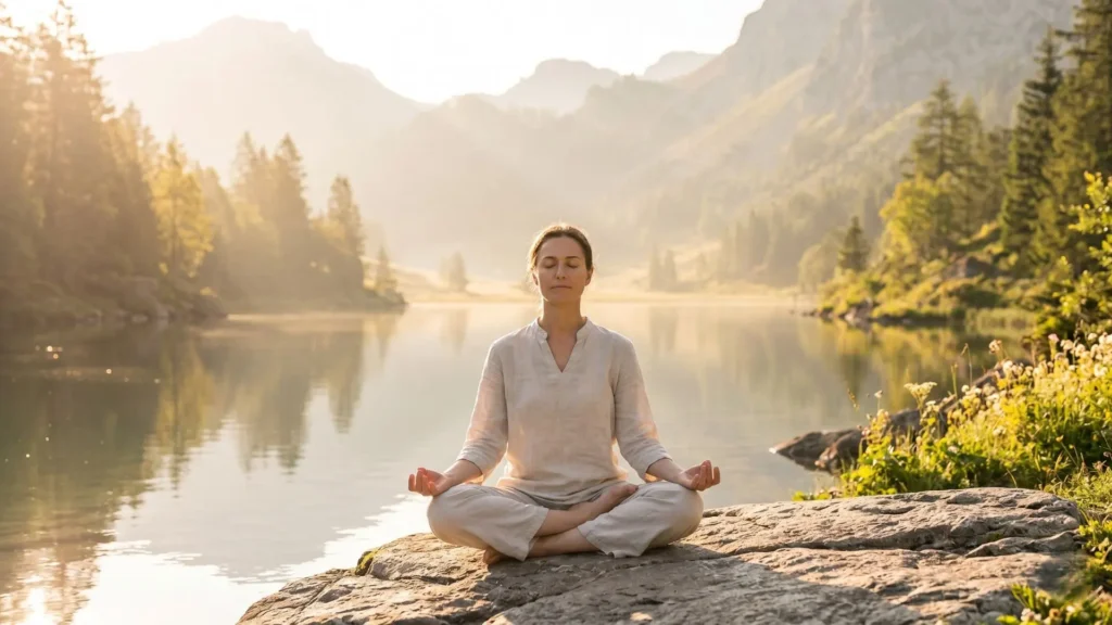 Mulher meditando ao ar livre simbolizando a busca pela saúde integrativa e equilíbrio emocional.