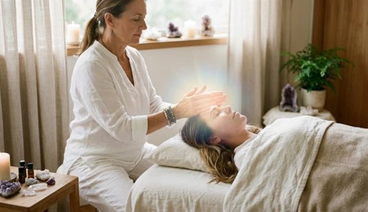 Praticante de Reiki realizando imposição de mãos para equilíbrio energético.