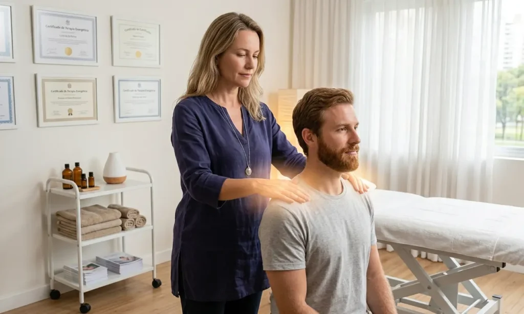 Terapeuta loira aplicando terapia energética por imposição de mãos nos ombros de um paciente homem sentado. Uma luz brilhante emana das mãos da terapeuta, ilustrando o fluxo de bioenergia. O ambiente é uma clínica de medicina integrativa iluminada, com uma maca, difusor de óleos essenciais e certificados de Terapia Energética na parede.